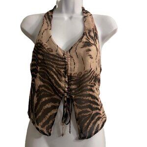 Silence Noise Tiger Print Halter Smocked‎ Back Crop Top Womens XL